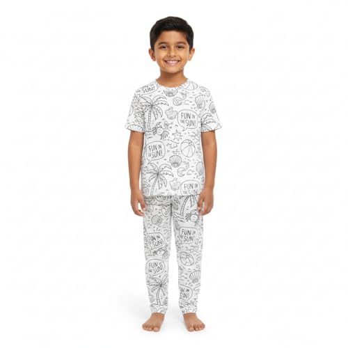 Image of Soft Lycra Reusable Kids T-Shirt & Pant Set with 10 Washable Marker Pens | DIY Coloring Clothes for Boys & Girls | Reusable Creative Pajama Gift Set(4-5 Year) (Fun and Sun)