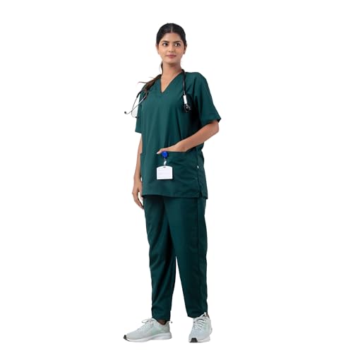 DRx5 Scrub Suit for Women - Classic V-Neck Healthcare Uniform Set | Premium Blend for Comfort and Durability | Ideal for Doctors, Nurses, and Hospital Staff (Bottle Green, Small)