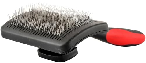 Image of Jeffers Pet Self-Cleaning Slicker Brush for Dogs & Cats - Self Cleaning Button, Removes Tangles & Loose Hair, Non Slip Handle for Easy Grooming, Go To Gift for Pet Owners - Black, Red - Medium