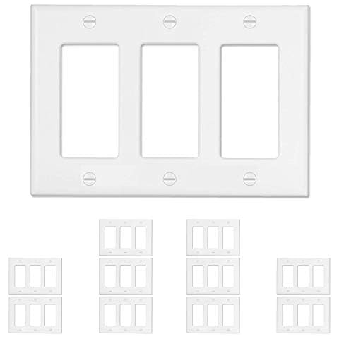 Pack of 10- QPLUS 3-Gang Screwed Wall Outlet Cover Plate, Unbreakable Polycarbonate, Glossy Finish, Decorator Outlet Cover for Light Switch, Dimmer, GFCI, USB Receptacle, cUL Listed Cover