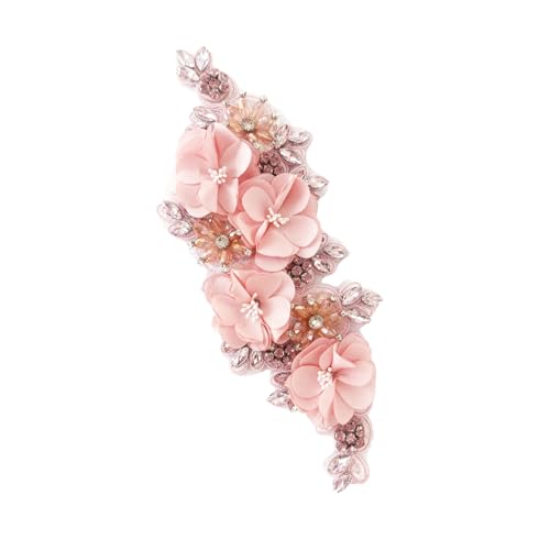 Handmade 3D Flower Embroidery Applique, Rhinestone Applique for Clothes, Beaded Sewing Lace Patches for Wedding Dress, Bling Fabric Embellishment for Hat, Hairband (Pink)