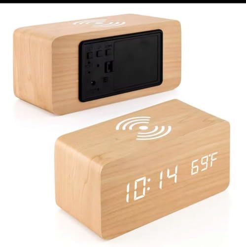 Image of Wooden LED Digital Alarm Clock with Wireless Charging, Smart and Modern Bedside Desk,Table Clock for Bedroom, Office, and Home Decor