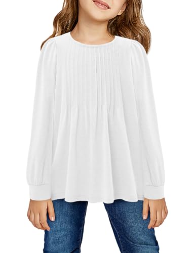 Yoklass Girls Puff Long Sleeve Shirts Crew Neck Front Pleated Tops Casual Loose Dressy Blouses 4-13 Years3