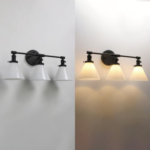 Image of Vintage Industrial 3-Light Bathroom Vanity Light with Milk Glass lampshade - Antique Brass Wall Sconce for Over Mirror, E26 Socket, Hardwired Installation