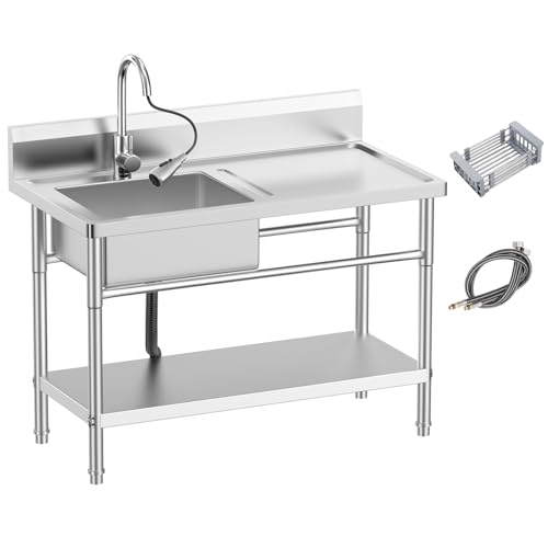 Image of Stainless Steel Utility Sink Freestanding Single Bowl Laundry Sink with 360 Swivel Pull-Out Sprayer Faucet, Hot and Cold Water Plumbing Workbench for Laundry Room Farmhouse