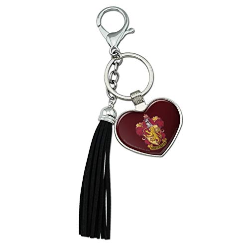Graphics and More Harry Potter Gryffindor Painted Crest Chrome Plated Metal Heart Leather Tassel Keychain