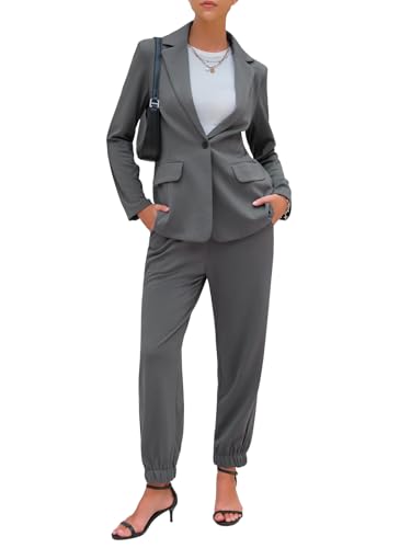EXLURA Women's Business One Button Blazer Jacket High Elastic Waist Pant Suit Set Casual Loose 2 Piece Suits Office Work