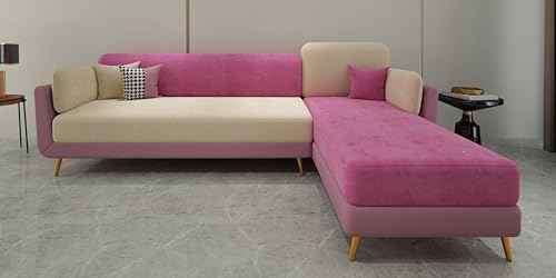 Image of Sixpine Luxury Dual Color Upholstery Lounger LHS Sofa in Premium Velvet | Solid Wood Structure | Sturdy Golden Legs | High Density Foam | Extra Comfort for Modern Living Room (Pink & Beige, 5 Seater)