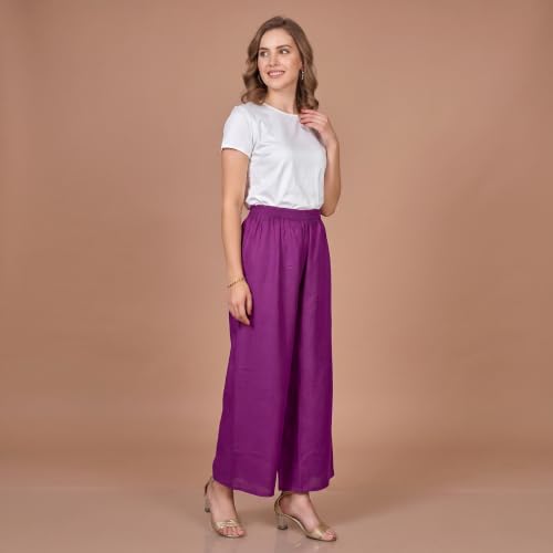Image of FASHION GALLERY Women's Solid Rayon Palazzo Pants | Relaxed Fit Full Length Wide Leg Palazzo | Elastic Waist Comfortable Casual Lounge Office Ethnic Flared Trousers for Women