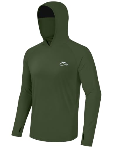 Image of FISHEAL Men's UPF 50+ Sun Protection Fishing Hoodie, Long Sleeve UV Shirts with Mask, Quick Dry Hooded for Outdoor Beach