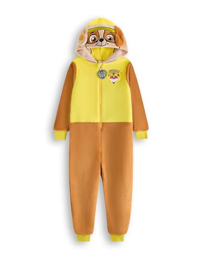 Paw Patrol Rubble Onesie for Boys & Girls | Kids All in One Sleepsuit Pajamas in Brown & Yellow | Jumpsuit with 3D Ears Hood