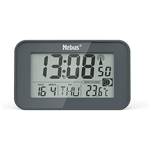 Mebus digitaler Funk-Wecker mit Mondkalender, Beleuchtung, Innenthermometer, 2 Weckzeiten, Schlummer-Funktion/Material Cover