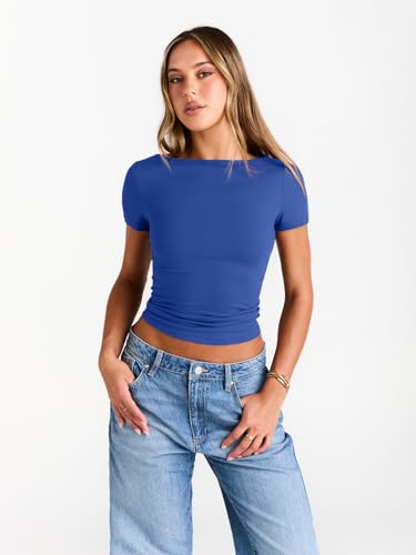 Image of Trendy Queen Womens Boat Neck Tops Short Sleeve Shirts | Compression Basic Tops,Y2K Aesthetic Slim Fit,Professional Business Casual, Polished Teacher Outfits