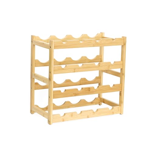 woodluv 4-Tier Wooden Wine Rack, Wine Holder, Compact Wine Storage Stand, Wooden Wine Organizer for Kitchen, Bar, or Countertop, Stylish Wine Holder with Easy Assembly