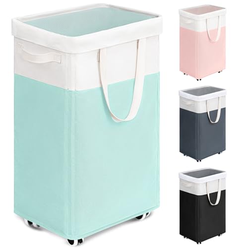 Image of Goodpick Laundry Basket with Wheels, 75L Laundry Hamper with Wheels, Large Laundry Basket with Removable Wash Bag, Clothes Hamper for Laundry, Blue&White