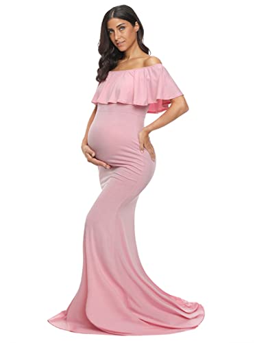 Glampunch Womens Off Shoulder Maternity Dress Ruffles Elegant Slim Gowns Fit Maxi Photography Dress A-Pink #TOP5