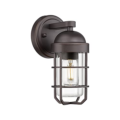 Image of Emliviar Farmhouse Outdoor Wall Light for House Porch, Vintage Exterior Wall Lantern, Industrial Nautical Metal Cage with Clear Tempered Glass, Oil Rubbed Bronze Finish, GE255B ORB