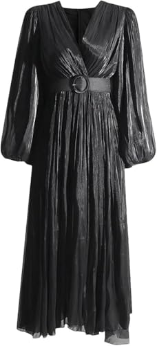 Women's V Neck High Waist Long Dresses Skirt Solid Color Patchwork Belt Elegant Casual Dress for Work Party Date