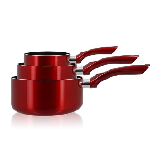 MENASTYL - Set de 3 casseroles 14, 16, 18cm Cerise - En aluminium compatible tous feux dont induction et lave-vaisselle - 6014161
