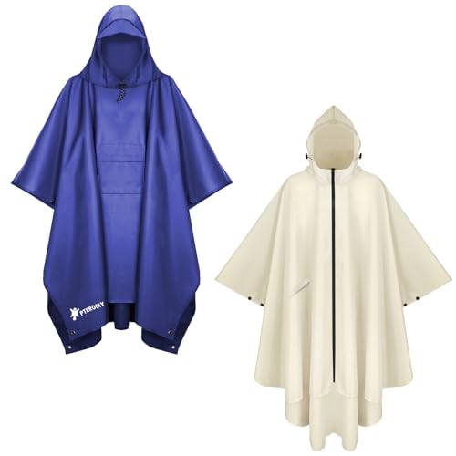 PTEROMY Hooded Rain Poncho with Pocket(Blue)+Hooded Rain Poncho with Pocket and Zipper(Beige)