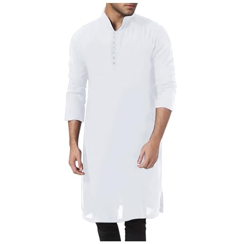 Fxbar Mens Kaftan Thobe Robe Long Sleeve Cotton Henley Shirt Casual Muslim Gown Salwar Kurta Muslim Thobe for Men