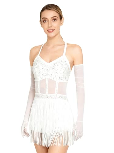 Sinleey Damen Lateinischer Tanzkleid Körperhugging Mit Fransen Und Strasshandschuhen Salontanzkostüm Samba Rumba Salsa Wettkampf Show Weiß L