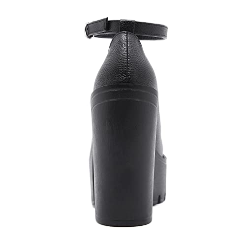 Gdgydh Black Heels For Women Platform Shoes With Block Heel Pumps Adjustable Ankle Strap Closed Toe Mary Janes Shoes Party Nightclub Footwear Gothic Punk Style #TOP2