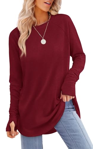 Image of XIEERDUO Womens Tunic Tops to Wear with Leggings Long Sleeve Thumb Hole Shirts Crew Neck Curved Hem