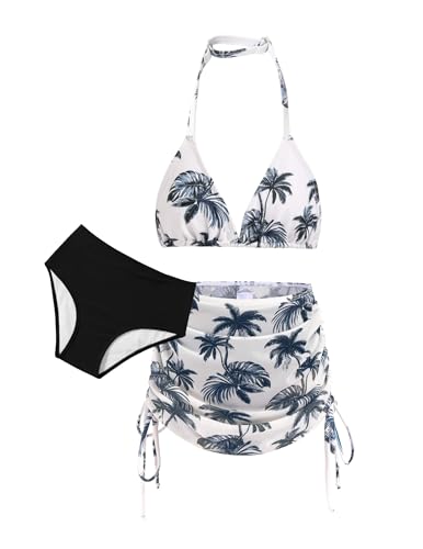Arshiner Mädchen Bikini Set 3-teilig Kinder Neckholder Badeanzuge mit Rock Sommer Blumendruck Schwimmanzug für Mädchen 11-12 Jahre
