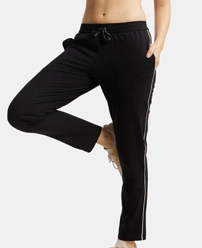 Image of Jockey 1305 Women's Super Combed Cotton Rich Relaxed Fit Mid Rise Trackpants with Contrast Side Piping and Pockets