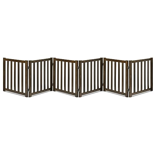 Image of LZRS 6-Panel Extra-Wide Freestanding Wooden Dog Gate Indoor – 24”High Foldable Safety Pet Barrier for Doorways, Hallways, Kitchens, Durable Design fit Small to Medium Dogs, Walnutl