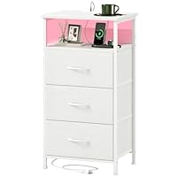 Somdot 3 Drawers Chest of Drawers for Bedroom with Charging Station and LED Light, Bedside Table with 2 Outlets and 2 USB Ports, Bed Side Table Cabinet for Dorm Kids Room Closet, White Leather