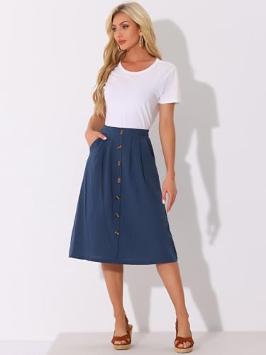 Allegra K Midi Skirts for Women Casual High Elastic Waist Button Pleated Linen A Line Skirts with Pockets4