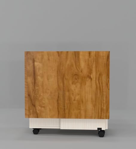 Image of SPECIALITY PANELS Folding Dining Table with Storage Cabinet, 6 Seater, Wood Top with Cream Base, 149x74x76 cm, Rolling Kitchen Island with Wheels