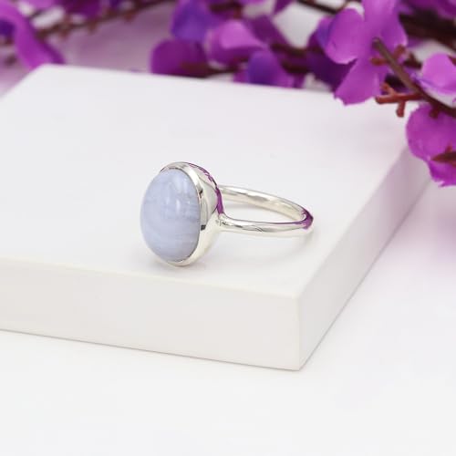 Bague agate bleue ovale en argent 925 le cadeau d'anniversaire parfait pour elle