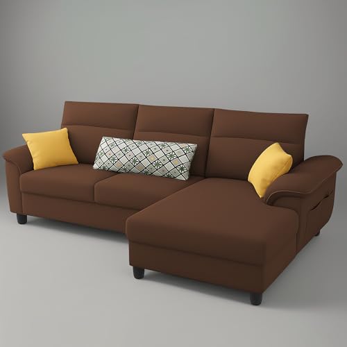 Image of Casaliving Seams RHS 4 Seater L Shape Sofa for Living Room (Brown Fabric) Premium Fabric Sofa
