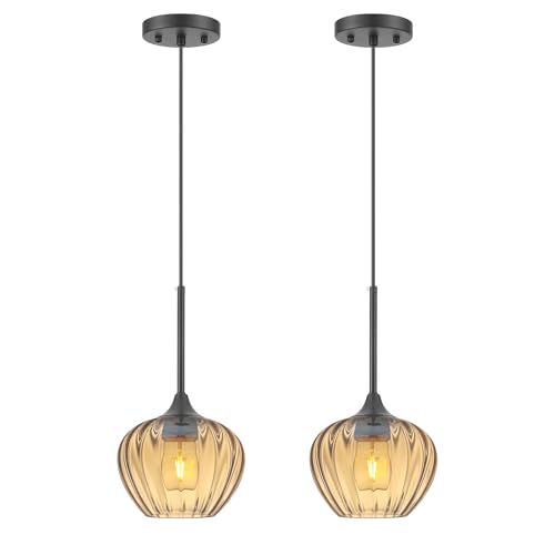 Mgcanyu 2-Pack Amber Pendant Lights for Kitchen Island, 7.7" Vintage Glass Pendant Lighting Mini Light Fixtures Adjustable Hanging Light for Kitchen, Dining Room, Bar, Bathroom