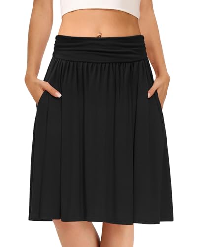 DB MOON Women's Midi Skirts High Waist Pleated Flowy Swing Knee Length Skirt with Pockets Black XXL