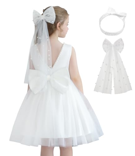 Girls Bow Dress for Birthday Dance Party, Soft Chiffon Princess Set with Headband for 3-8 Years Old