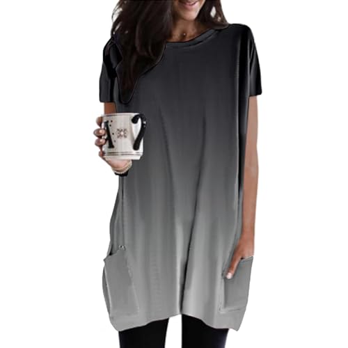 Damen Longshirt Kurzarm mit Tasche Oversized Tshirt Lang Longtops T-Shirt Sommer Oberteile Einfarbig Rundhals Longbluse Lässig für Leggings Pullover...
