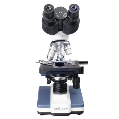 Image of AmScope B120C-WM-PS100 Siedentopf Binocular Compound Microscope, 40X-2500X Magnification, Brightfield, LED Illumination, Abbe Condenser, Double-Layer Mechanical Stage, Includes Book and Set of 100 Prepared Slides