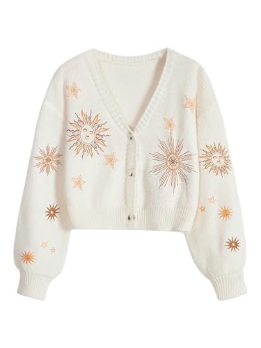 Image of BEAUDRM Women's Cropped Cardigan Sweater Embroidered Cardigan Cropped Sweater Button Down Knit Top Outerwear