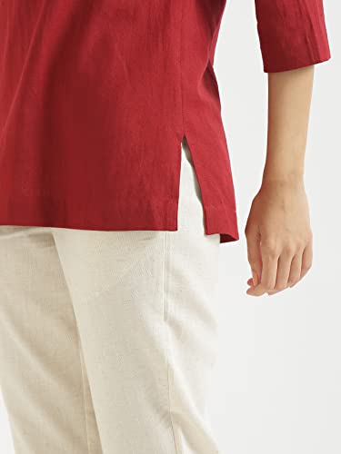 Image of SAADAA Women Short Kurti Airy Linen Regular Fit Kurta with 3 /4th Sleeves, Mandarin Collar, Side Slit Perfect for Casual, Formal, and Ethnic Wear