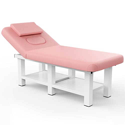 Fulocseny Metal Frame Wide Stationary Massage Table for Treatment Table Physical Therapy Table Spa Facial Bed, Heavy Duty Professional Stationary Massage Bed, PU Leather 31.5'' W 75'' L Pink