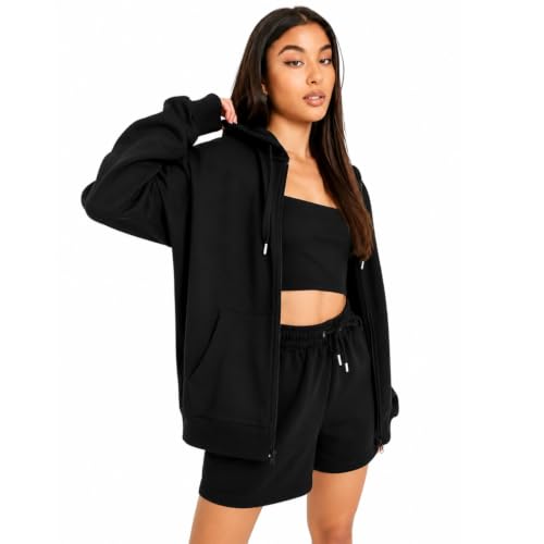 Image of Solid Hoodie Long Sleeve Front Zipper with 2 Pockets Sweatshirt for Women