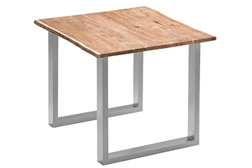 SAM Esszimmertisch 80x80 cm Quinn, echte Baumkante, naturfarben, massiver Esstisch aus Akazienholz, Metallbeine Silber, Baumkantentisch