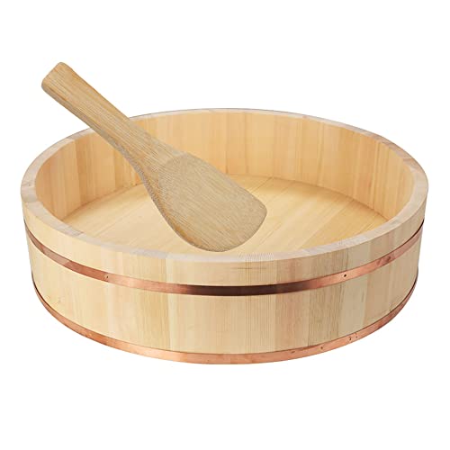 Recipiente de madera para mezclar arroz para sushi con banda de cobre, cuenco redondo de enfriamiento para hacer sushi, incluye cuchara de madera, 45 cm