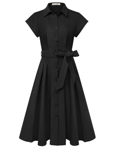 GRACE KARIN Womens Short Sleeve A-Line Midi Dresses Elegant Lapel Neck Buttons Tie Waist Shirt Dress for Work Wedding Black M