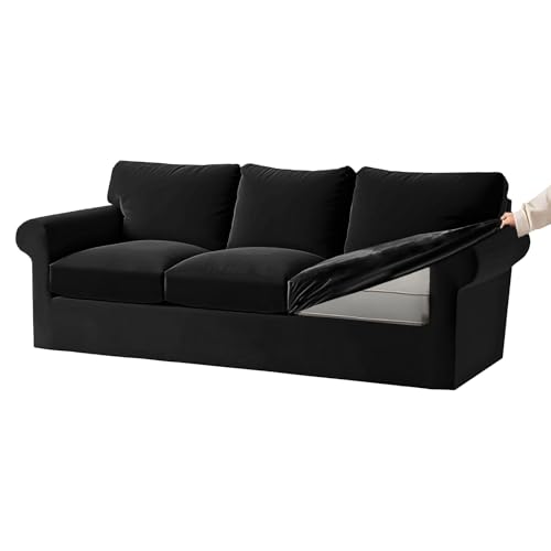 KYJSW Housse De Canapé Ektorp Extensible en Velours 1/2/3/4 Place Couvre Canapé avec Dossiers Et Coussins De Siège Séparés Protection De Meubles (Noir,3...