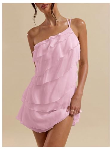SOLY HUX Women's One Shoulder Ruffle Mesh Mini Dress Layered Backless Vacation Party Sundresses4